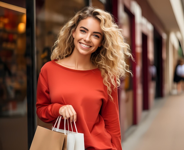blondynka piękna dziewczyna z torbą na zakupy na tle sklepów sklepowych uśmiechnięta kobieta generatywna ai kręcone