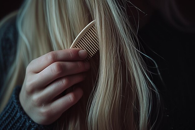 Zdjęcie blondynka szczotkująca włosy grzebiem w ciemności koncepcja pielęgnacji włosów