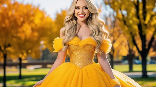 Blondynka ubrana w żółtą sukienkę wygenerowana przez AI