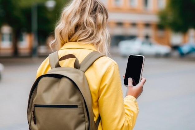 Blondynka używająca smartfona na zewnątrz Koncepcja połączenia w życiu miejskim