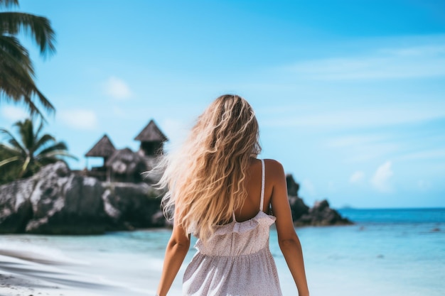 Blondynka w białej sukience na plaży na Seszelach, tylny widok młodej pięknej kobiety bawiącej się na tropikalnym wybrzeżu.