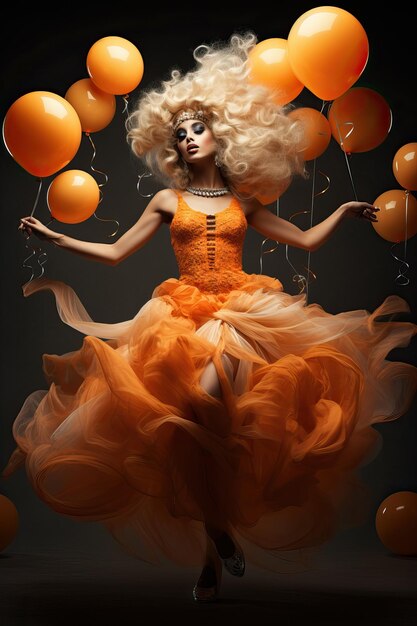 Zdjęcie blondynka w pomarańczowej sukience z balonami koncepcja świętowania halloween