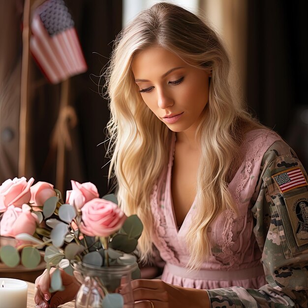 Zdjęcie blondynka w różowej sukience siedzi przy stole z flagą i flagą