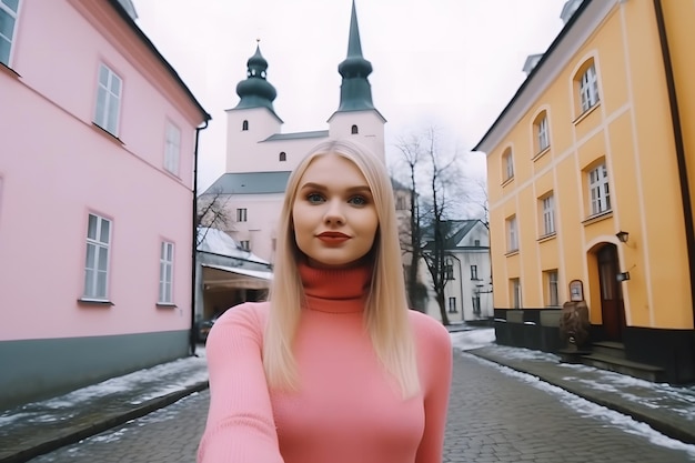 Blondynka w różowych ubraniach generuje ai sieci neuronowej selfie