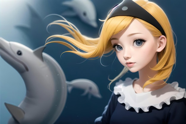 Blondynka z anime, portret delfina, ilustracja generatywna.