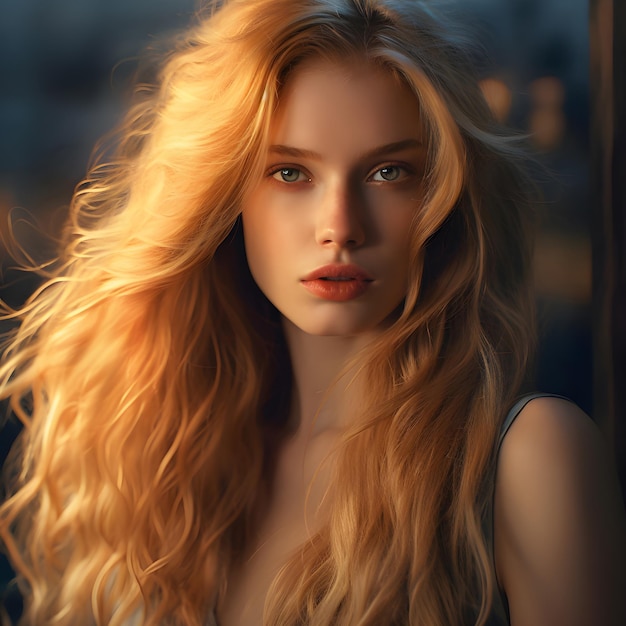 Blondynka z długimi blond włosami i światłem świecącym na jej twarzy.