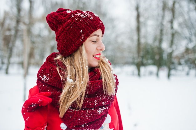 Blondynki dziewczyna w czerwonym szaliku, kapeluszu i Santas pulowerze pozuje przy parkiem na zima dniu.