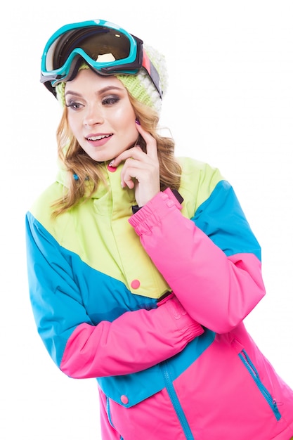 Blondynki kobieta w snowboard apartamentu ręce na policzku