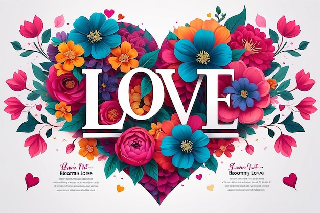 Blooming Love Przyciągający plakat na Święto Walentynek z żywymi kwiatami i elegancką typografią