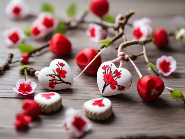 Zdjęcie blooming spring branches of cherry plum in march red and white hearts on a twine martisor holiday