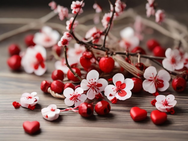 Zdjęcie blooming spring branches of cherry plum in march red and white hearts on a twine martisor holiday
