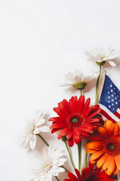 Zdjęcie blooming with pride american flag kolorowe kwiaty na białym tle idealny do miejsca kopiowania