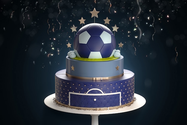 Zdjęcie blue cake z dekoracją piłki nożnej z góry i konfetti na tle