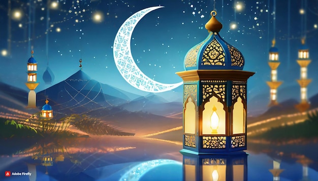 Zdjęcie blue moon serenity ramadan mubarak szablon z realistyczną latarnią