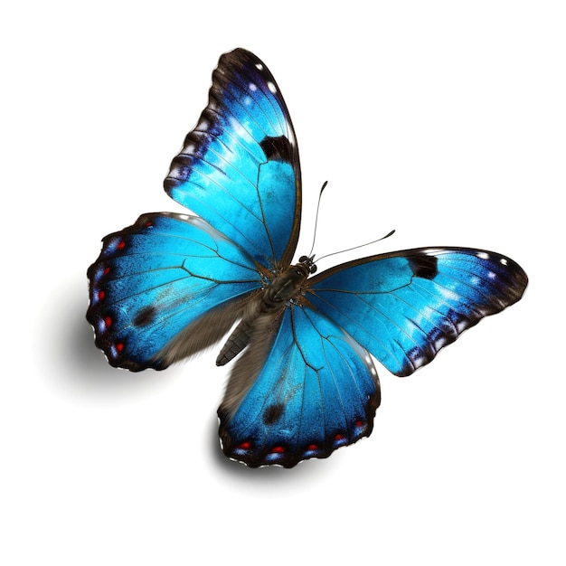Blue Morpho Butterfly na bia?ym odizolowanym tle Generowanie AI