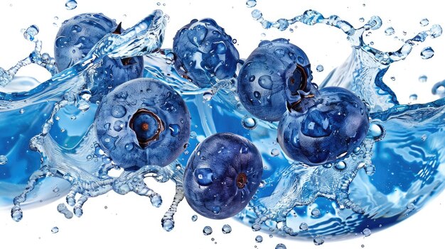 Zdjęcie blueberry splash water izolowane na białym tle świeże borówki upuszczone do wody tworzą