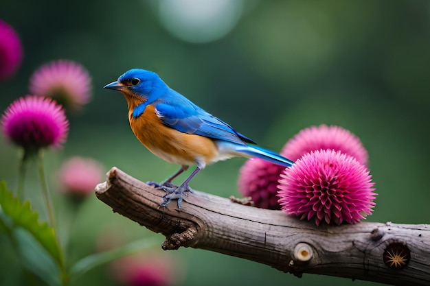 Bluebird siedzi na gałęzi z różowymi kwiatami.