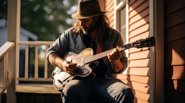 Blues na ganku, gitarzysta w wózku kołysanym, nostalgiczna atmosfera.