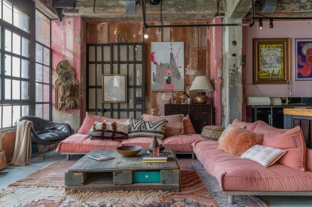 Blush Pink Design Wnętrze domu w stylu przemysłowym i nowoczesny salon