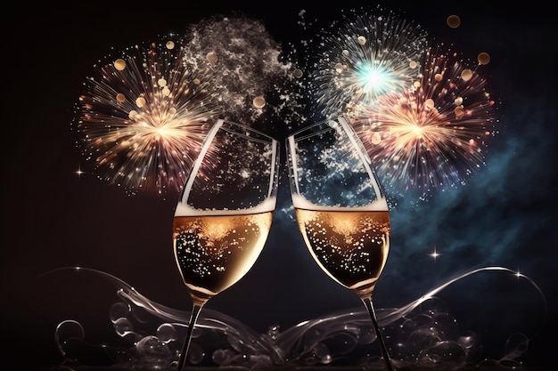 Błyskanie kieliszkami szampana w Nowy Rok na tle fajerwerków