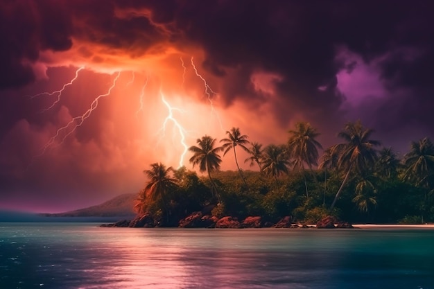 Zdjęcie błyskawiczna burza nad nocnym niebem koncepcja burzy błyskawicznej nad tropikalną wyspą.