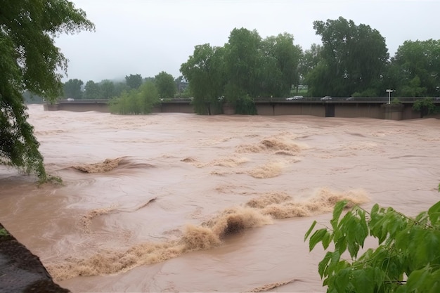 Błyskawiczna powódź przetacza się przez brzeg rzeki, zalewając okolicę
