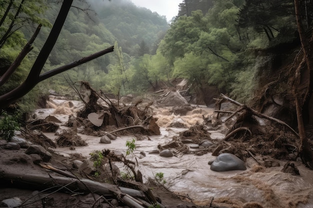 Błyskawiczna powódź schodząca po zboczu góry z gruzem i powalonymi drzewami na swojej drodze