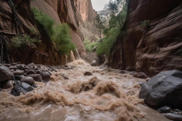 Błyskawiczna powódź spływająca wąskim kanionem ze ścianami skalnymi górującymi nad głową