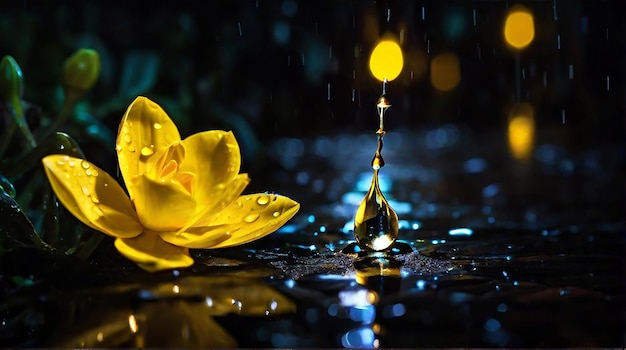 Błyszcząca kropla deszczu oświetlała żółty kwiat w nocy wygenerowany przez sztuczną inteligencję