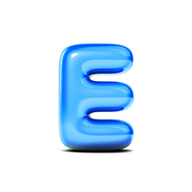 Zdjęcie błyszcząca litera e bańka czcionki na białym tle renderowania 3d
