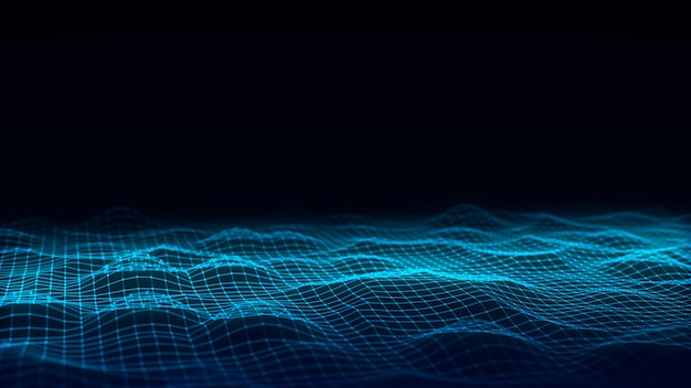 Błyszcząca niebieska fala z ruchowymi kropkami i liniami Abstrakcyjne tło cyfrowe Koncepcja połączenia dużych danych Futuristyczna technologia tło renderowanie 3D