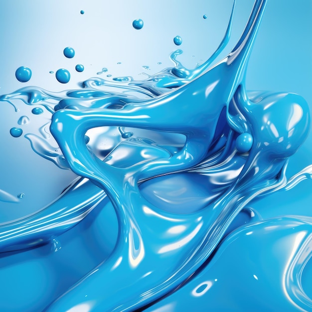 Błyszcząca niebieska kałuża kropelek wody w abstrakcyjnym kształcie rozchlapanej farby w płynie