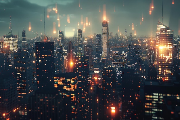 Błyszcząca nocna skyline miasta