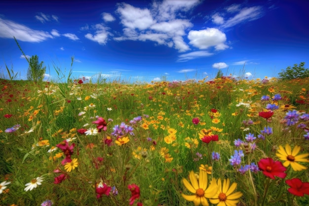 Błyszcząca preria wypełniona kolorowymi i żywymi kwiatami pod niebieskim niebem generatywny IA
