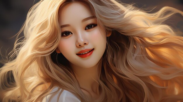 Błyszcząca radością promienna piękność szczęśliwej, pięknej i uroczej koreańskiej kobiety z blond włosami