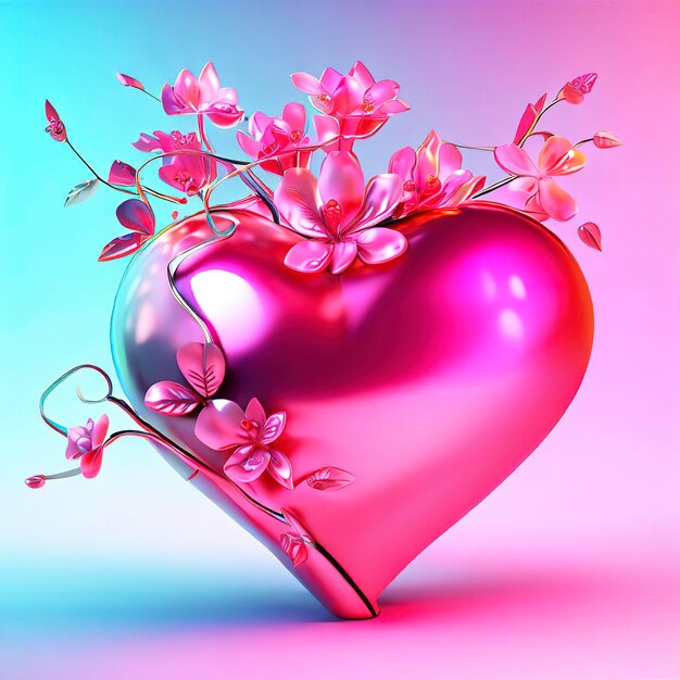 Błyszcząca różowa rzeźba w kształcie serca z kwitnącymi kwiatami i gałęziami na jasnym tle