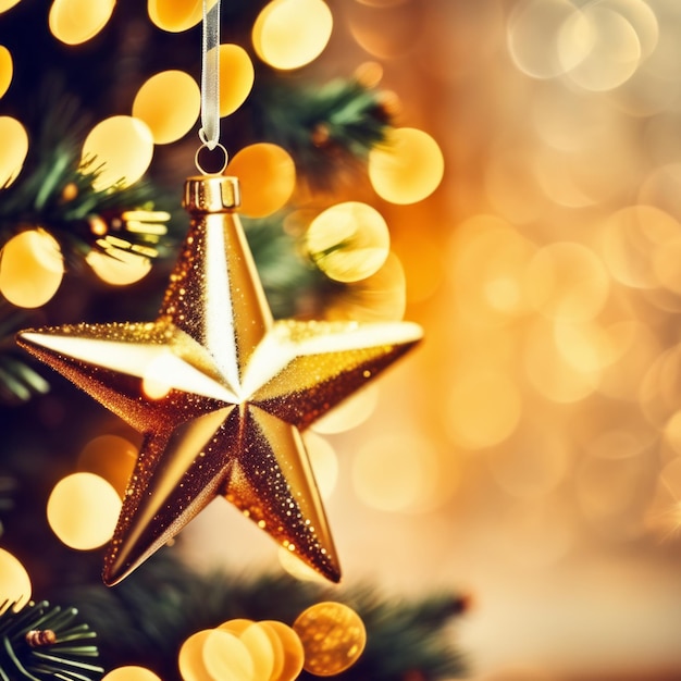 Zdjęcie błyszcząca złota gwiazda bożonarodzeniowa ozdobiona rozproszonym bokehem