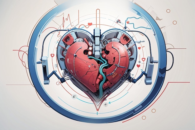 Zdjęcie błyszczące czerwone serce z białym pulsem na niebieskim i białym tle cząsteczek dla koncepcji medycznej