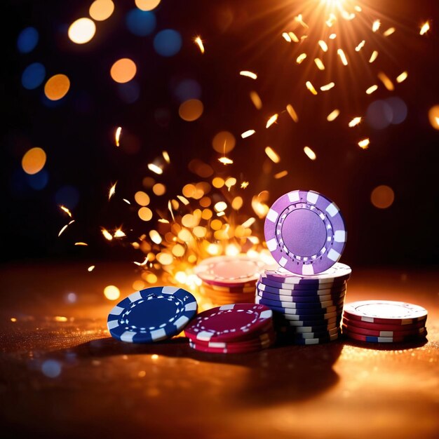 Błyszczące dynamiczne latające żetony kasynowe pokera pokazujące ekscytację i dreszcz hazardu
