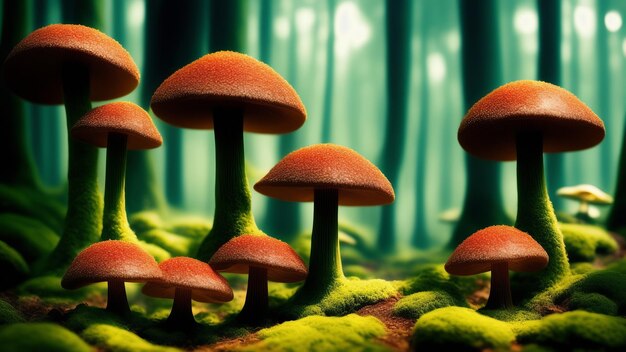 Błyszczące grzyby w obcym lesie Obraz dziwnych i świecących organizmów w obcy ekosystem Kreatywna sztuczna inteligencja generowana