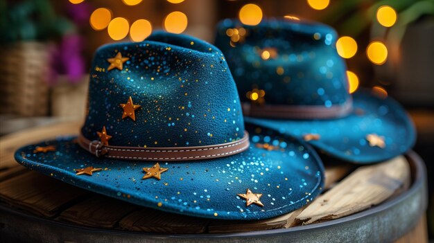 Zdjęcie błyszczące gwiazdkowe kapelusze kowbojowe na tle światła bokeh