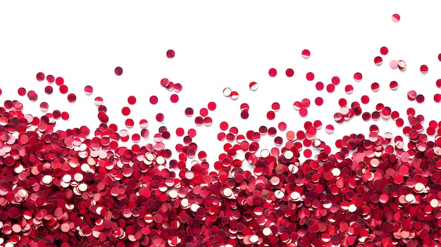 Błyszczące, metalicznie czerwone, okrągłe konfety równomiernie rozrzucone i odizolowane na białym tle