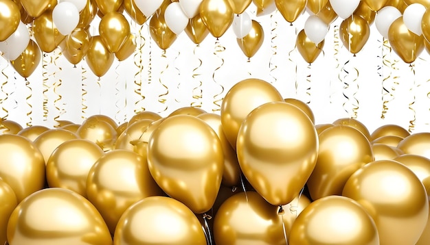 Zdjęcie błyszczące noworoczne balony, metalowe złote rzeczy do imprezy.