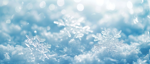 Błyszczące płatki śniegu na zimowo-niebieskim tle