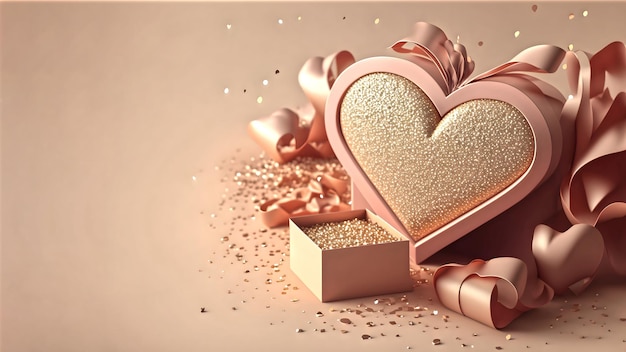 Zdjęcie błyszczące serce w kolorze różowego złota na beżowym tle, wygenerowane przez sztuczną inteligencję