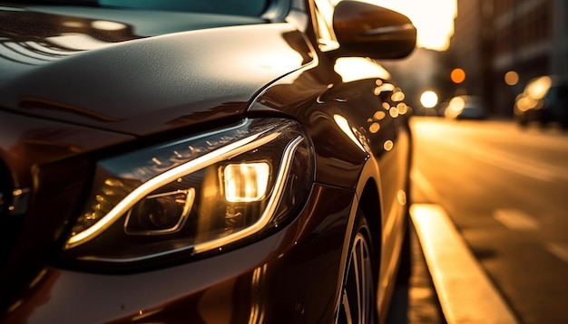 Błyszczące światła przednie oświetlają nowoczesny luksusowy samochód sportowy w niewyraźnym ruchu generowanym przez sztuczną inteligencję