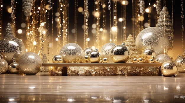 Błyszczące tło błyszczącego efektu dla luksusowych świąt Bożego Narodzenia z złotymi kulami
