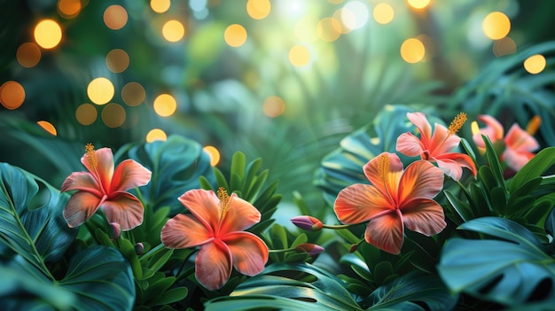 Błyszczące tropikalne kwiaty z zielonymi liśćmi idealnie nadają się na lato