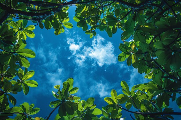 Błyszczące zielone liście na jasnoniebieskim niebie