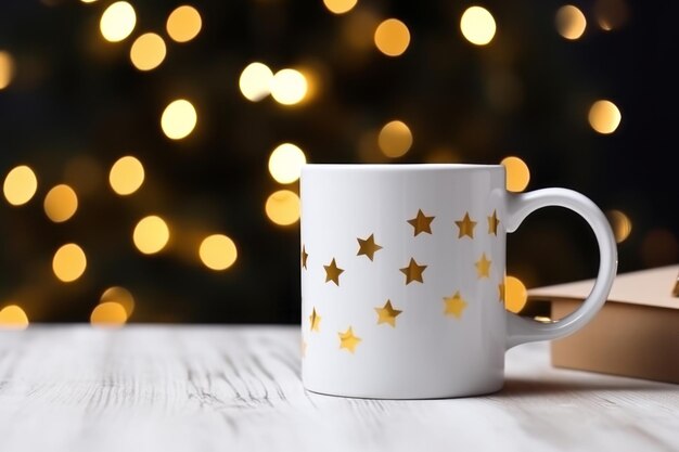 Zdjęcie błyszczące złote gwiazdy świętowy biały kubek świąteczny mockup na drewnianym tle doskonały na boże narodzenie